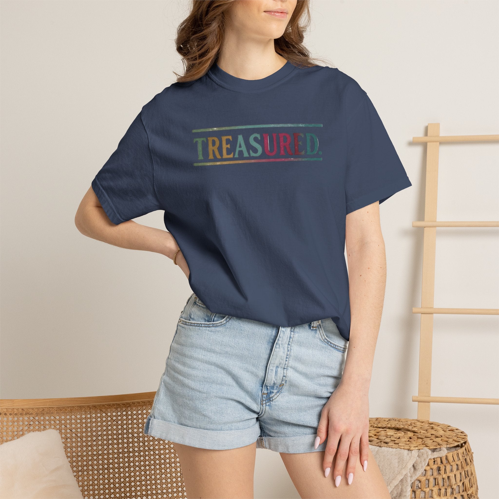 Treasured Garment-Dyed T-Shirt — Retro Color Block "TREASURED." Tee