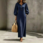 Women's Puff Sleeve V-Neck Maxi Dress | A-Line Button Detail thumbnail 5