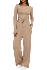 2 Pieces Women's Suit Autumn Winte Long Sleeve Tops High Waisted Wide Leg Pants Sportswear Female Clothes Solid Color Casual Suit thumbnail 10