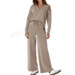Women's Tracksuit Sports Suit V-neck Long-sleeved Pullover Top And Drawstring Straight-leg Trousers Casual Solid Trousers Set thumbnail 13