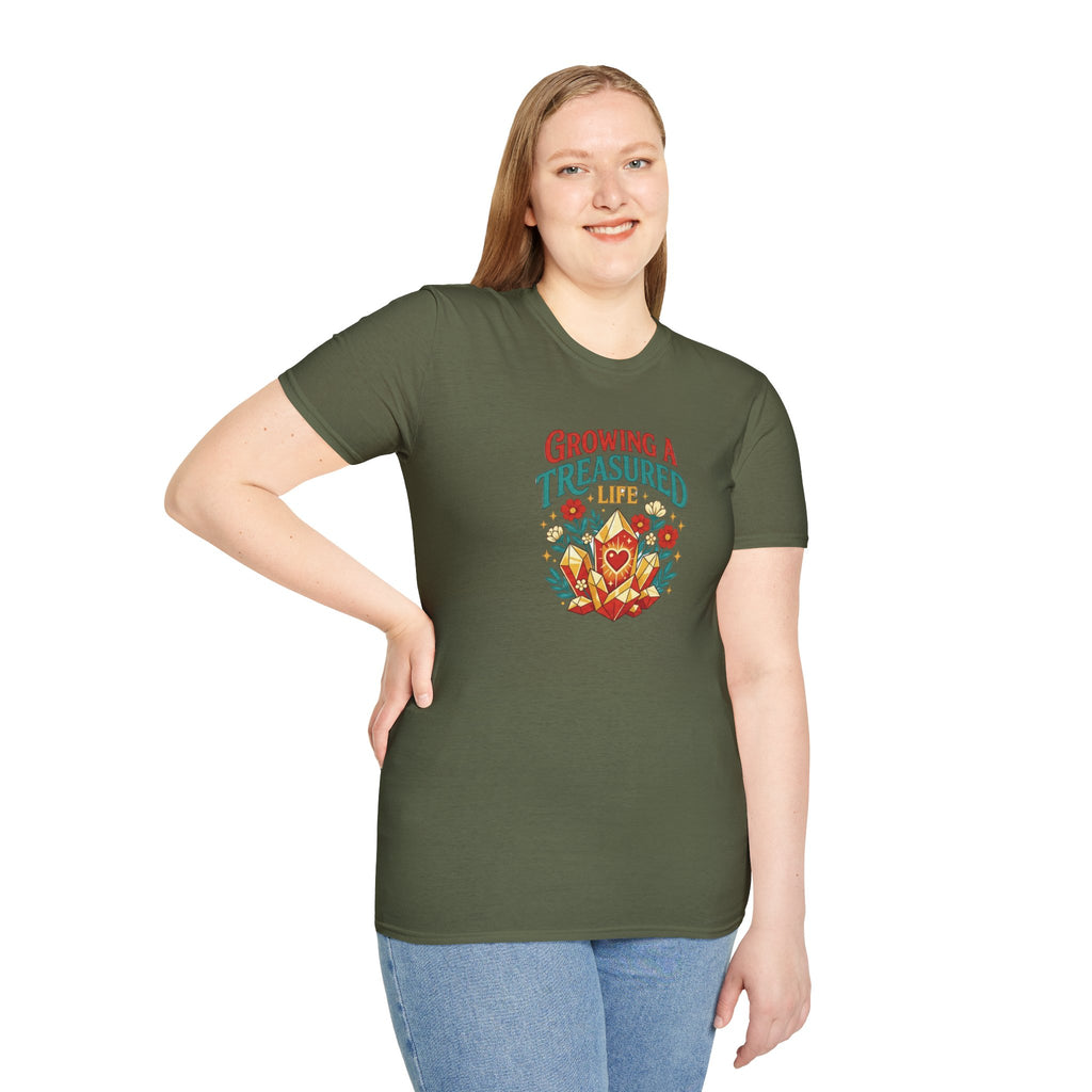 Growing a Treasured Life T-Shirt — Floral Heart & Gem Inspirational Tee