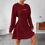 Women's Two-piece Set Dresses New Fashion Fall Winter Hooded Shawl Long-sleeved Vest Short Skirt thumbnail 7