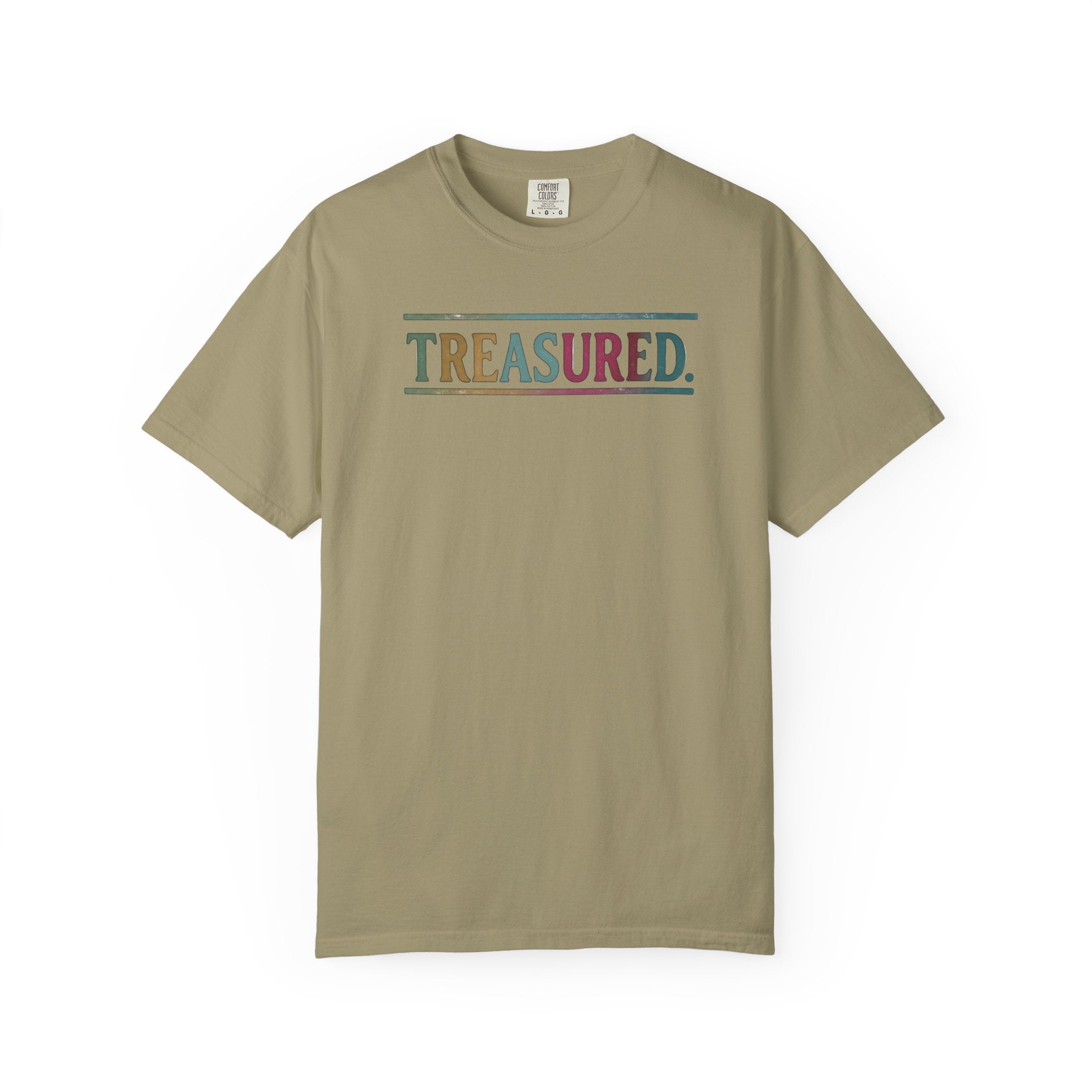 Treasured Garment-Dyed T-Shirt — Retro Color Block "TREASURED." Tee