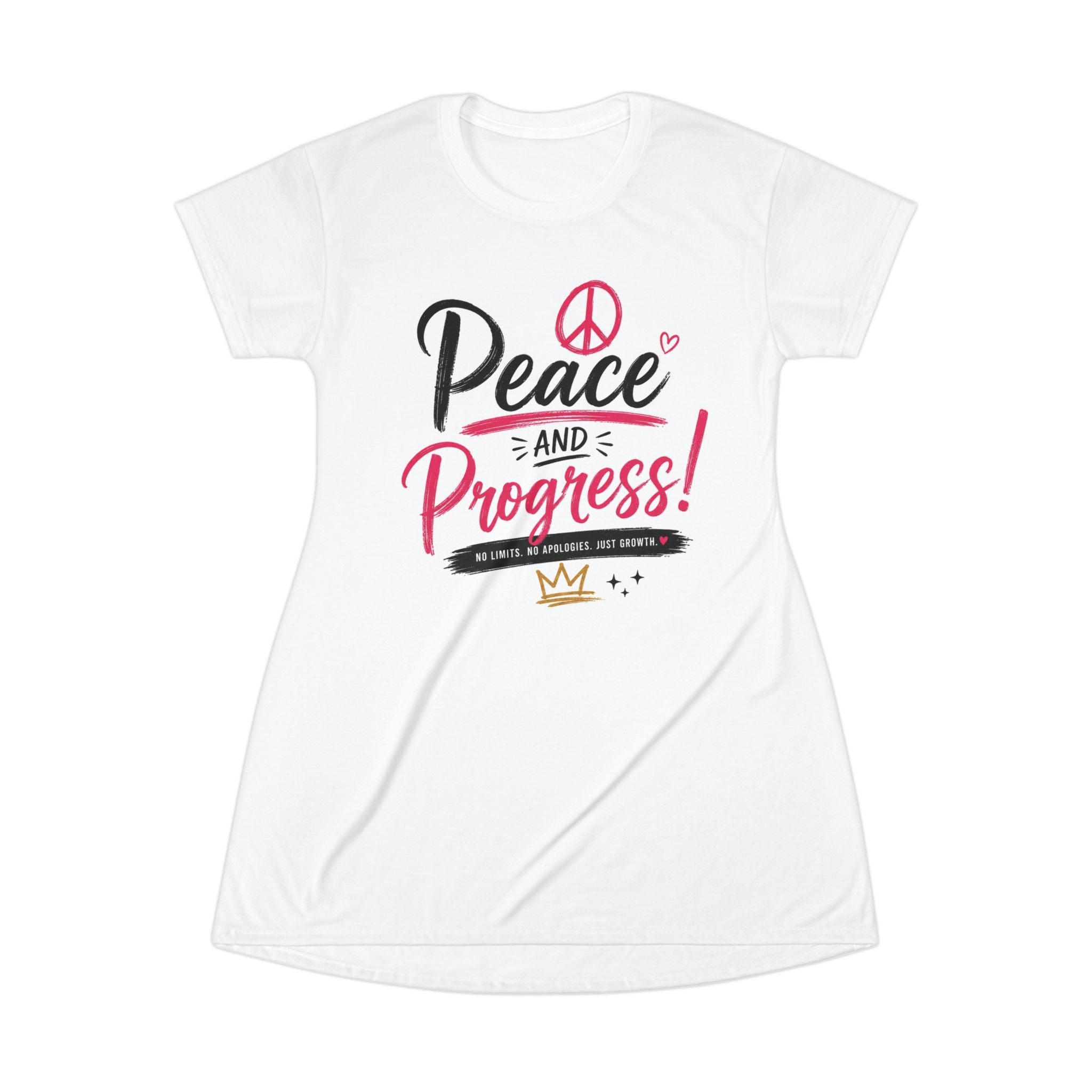 Peace and Progress T‑Shirt Dress — Women's Graphic Tee Dress with Inspirational Peace Design