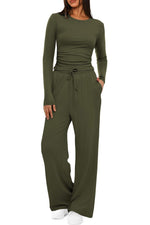 2 Pieces Women's Suit Autumn Winte Long Sleeve Tops High Waisted Wide Leg Pants Sportswear Female Clothes Solid Color Casual Suit thumbnail 5