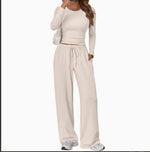 2 Pieces Women's Suit Autumn Winte Long Sleeve Tops High Waisted Wide Leg Pants Sportswear Female Clothes Solid Color Casual Suit thumbnail 13