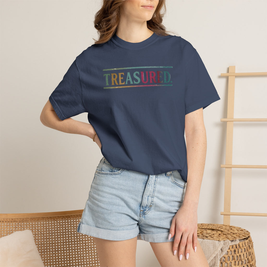 Treasured Garment-Dyed T-Shirt — Retro Color Block "TREASURED." Tee