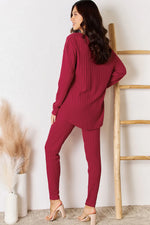 Basic Bae Full Size Ribbed Round Neck High-Low Slit Top and Pants Set thumbnail 2