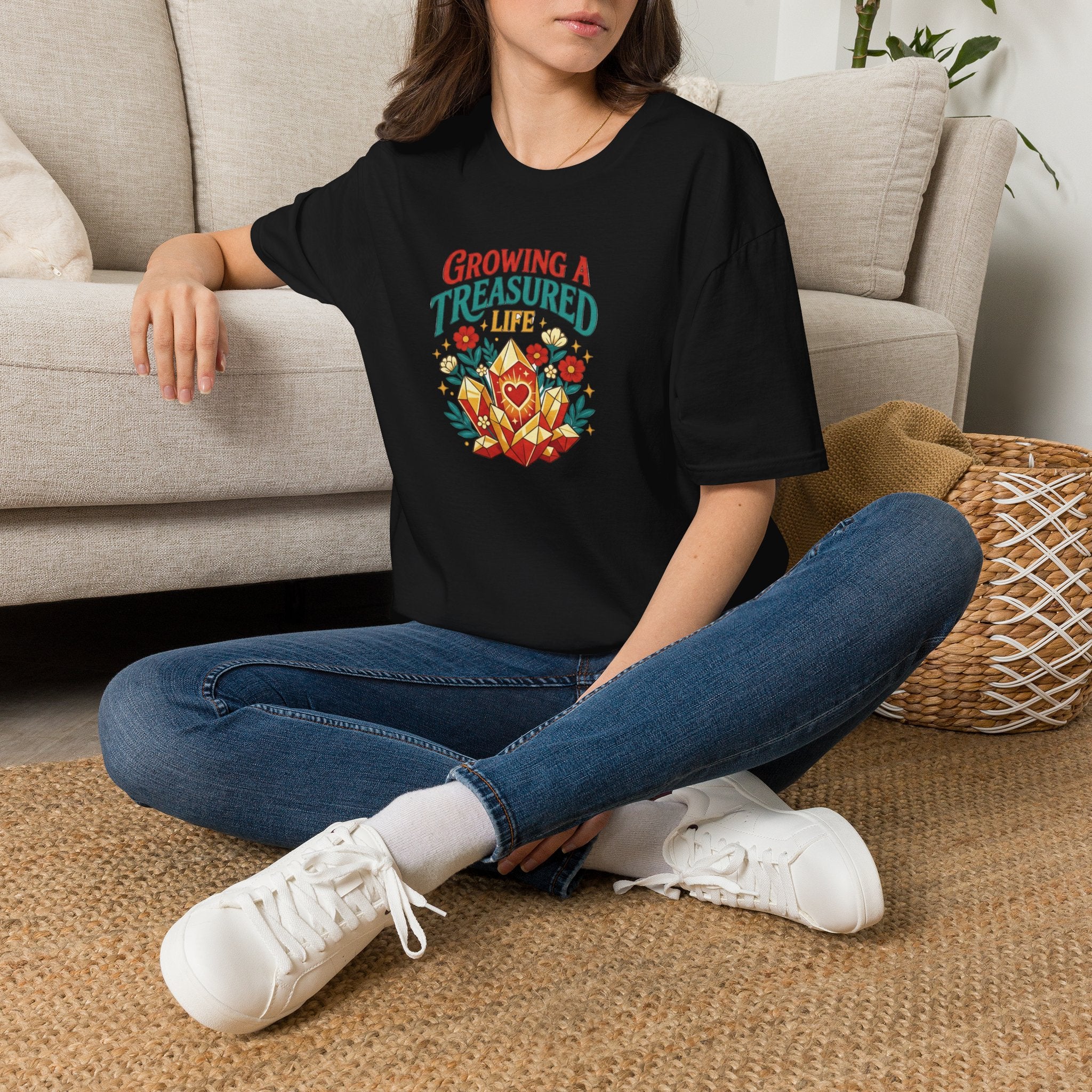 Growing a Treasured Life T-Shirt — Floral Heart & Gem Inspirational Tee