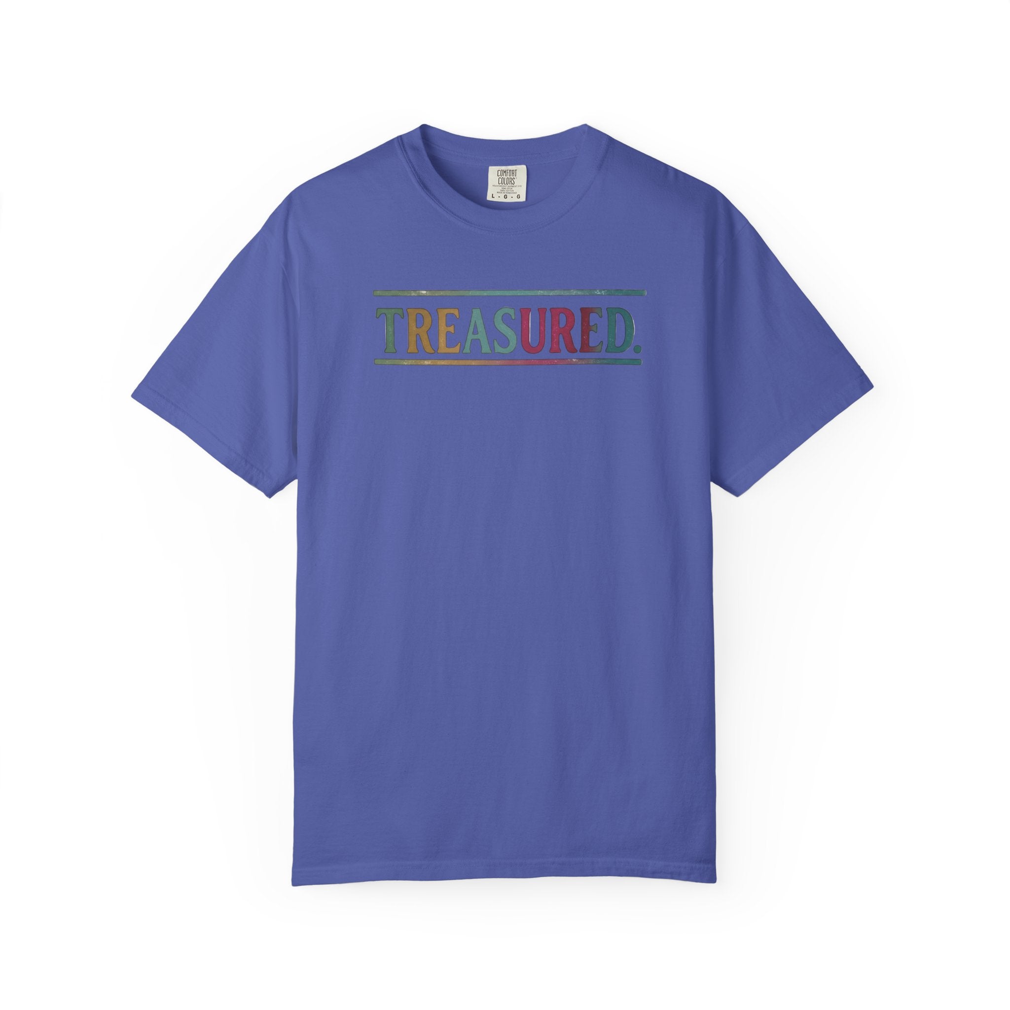 Treasured Garment-Dyed T-Shirt — Retro Color Block "TREASURED." Tee