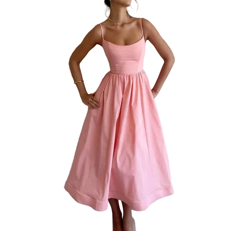 Women's Solid Color Suspender Dress – Sweet & Elegant Spaghetti Strap Midi Dress