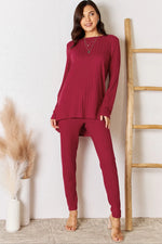 Basic Bae Full Size Ribbed Round Neck High-Low Slit Top and Pants Set thumbnail 1