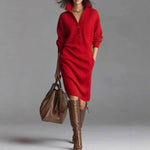Long-sleeved Sweater Dress Fashion Warm Stand-up Collar V-neck Button Pullover Dresses Winter Casual Commuting Women's Clothing thumbnail 4