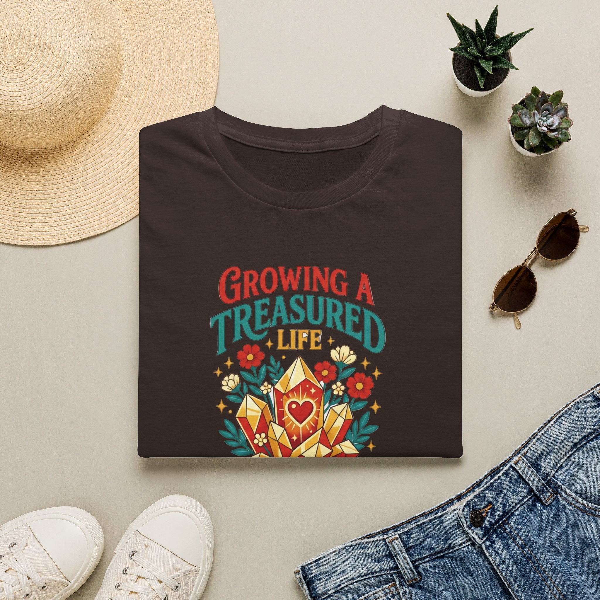 Growing a Treasured Life T-Shirt — Floral Heart & Gem Inspirational Tee
