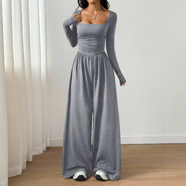 Square Neck Wide Leg Jumpsuit – Long Sleeve A-Line Loose Fit