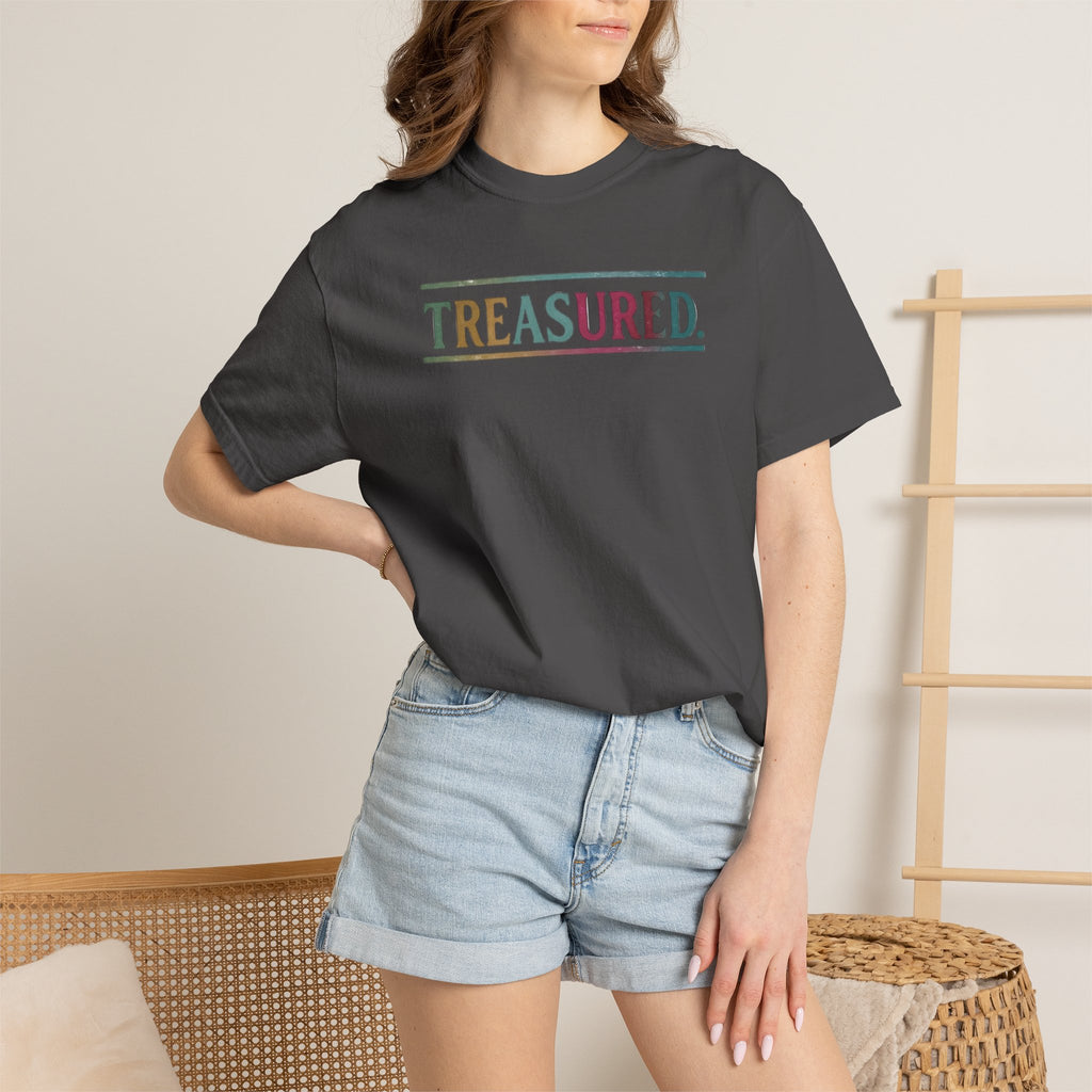 Treasured Garment-Dyed T-Shirt — Retro Color Block "TREASURED." Tee