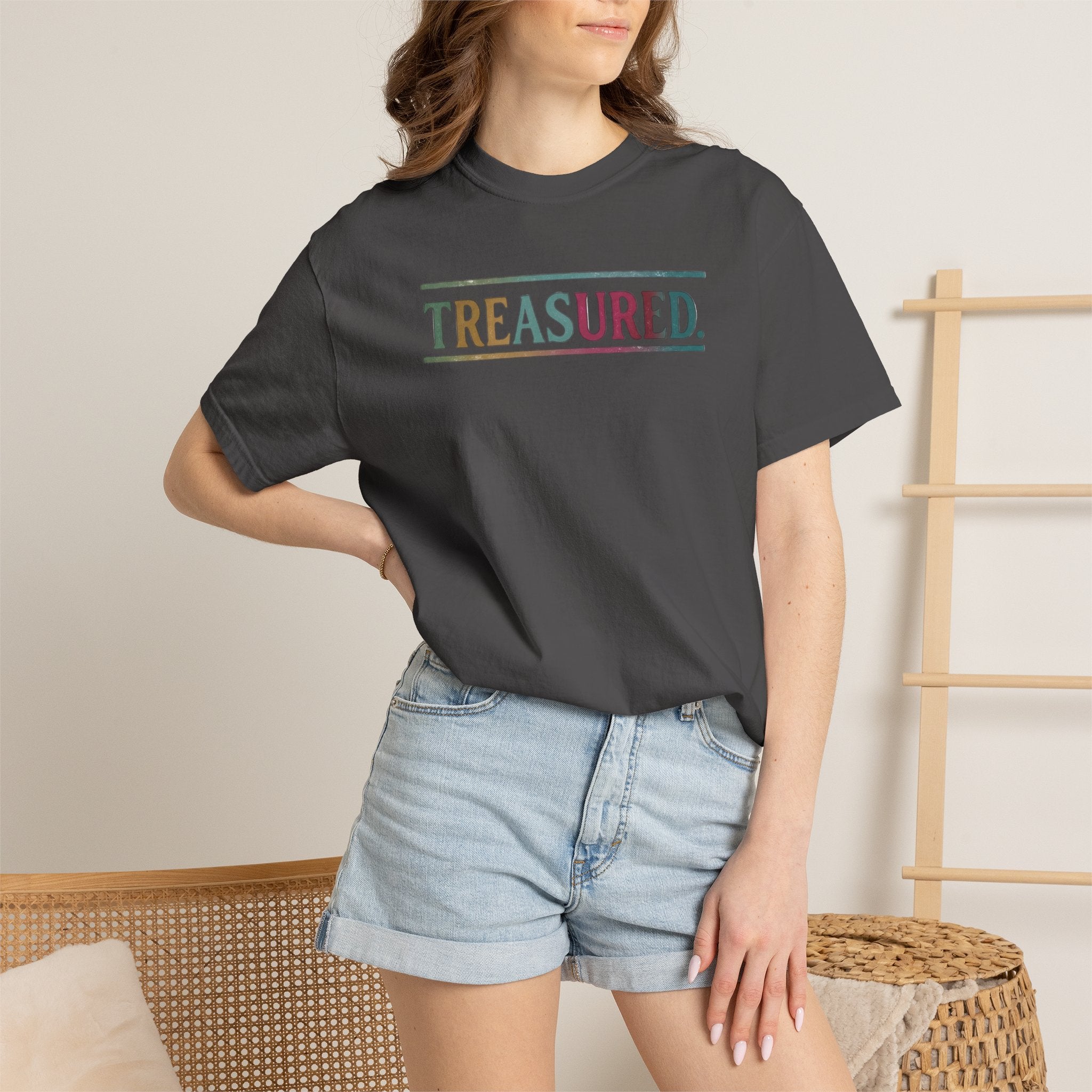 Treasured Garment-Dyed T-Shirt — Retro Color Block "TREASURED." Tee