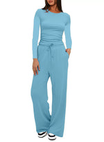 2 Pieces Women's Suit Autumn Winte Long Sleeve Tops High Waisted Wide Leg Pants Sportswear Female Clothes Solid Color Casual Suit thumbnail 14