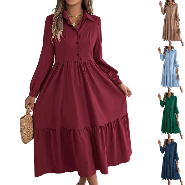 Lapel Casual Loose Long Sleeve Ruffled Shirt Dresses