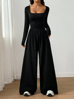 Square Neck Wide Leg Jumpsuit – Long Sleeve A-Line Loose Fit thumbnail 5
