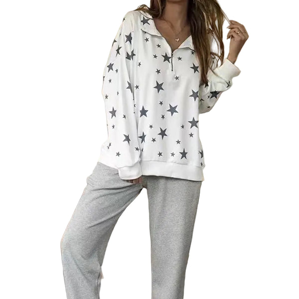 Women's Zip V-Neck Lapel Pentagram Print Sweatshirt