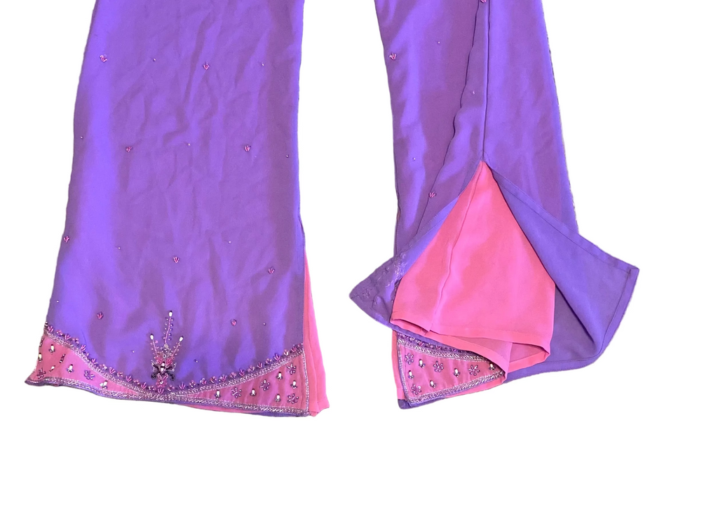 100% Silk Beaded & Embroidered 2-Piece Set — Pink & Purple | Size L