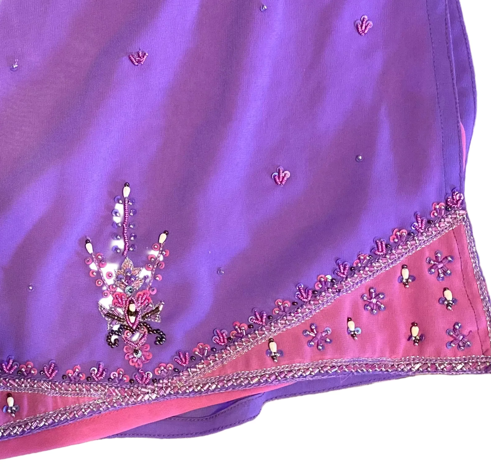 100% Silk Beaded & Embroidered 2-Piece Set — Pink & Purple | Size L