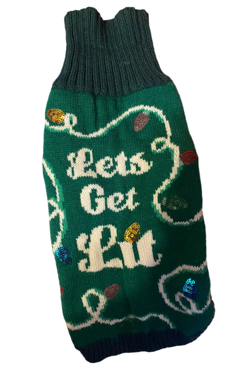 "Let's Get Lit" Dog Christmas Sweater — Small/Medium Size Pup (12-18lbs)