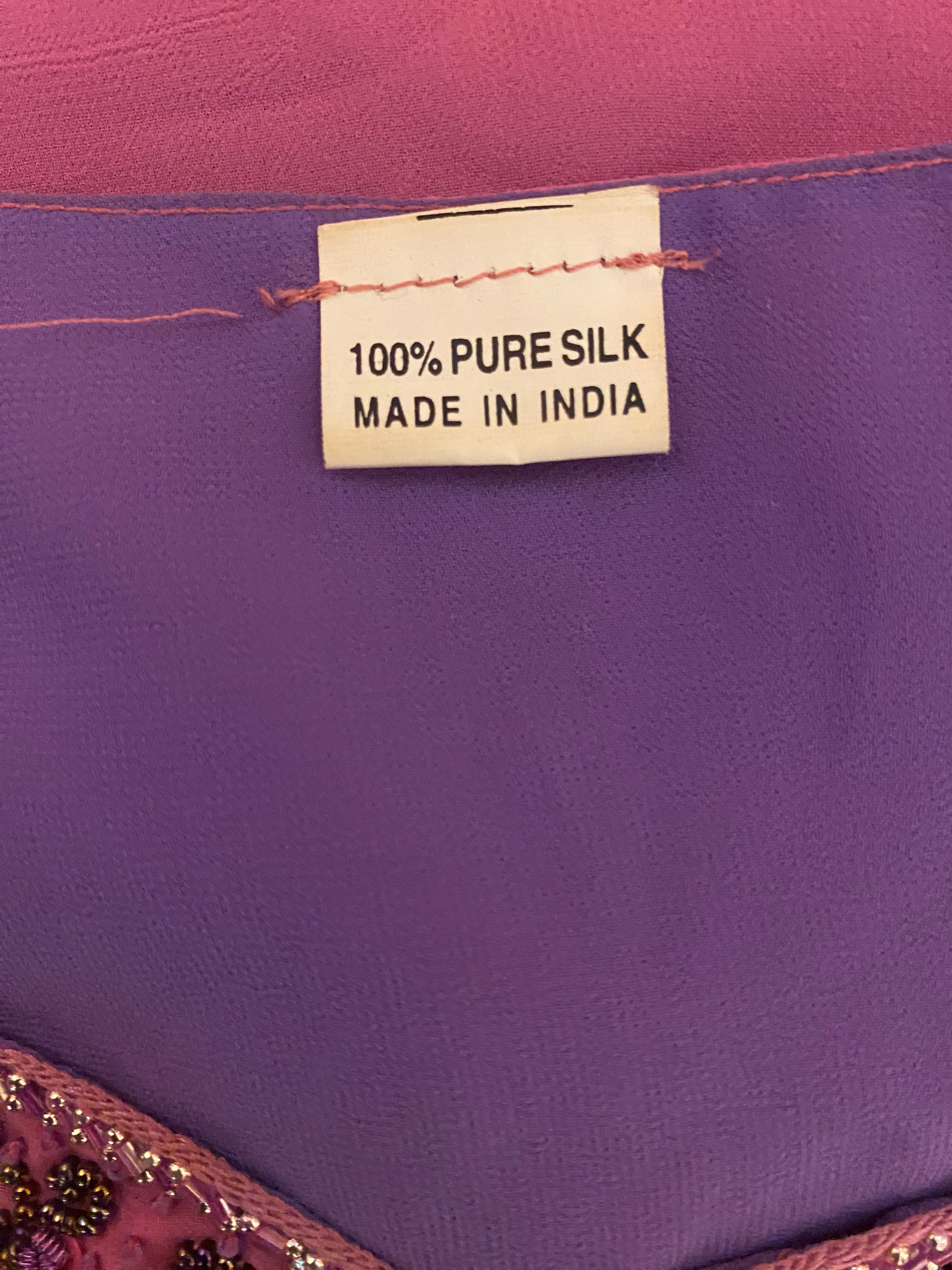 100% Silk Beaded & Embroidered Blouse — Pink & Purple | Size L