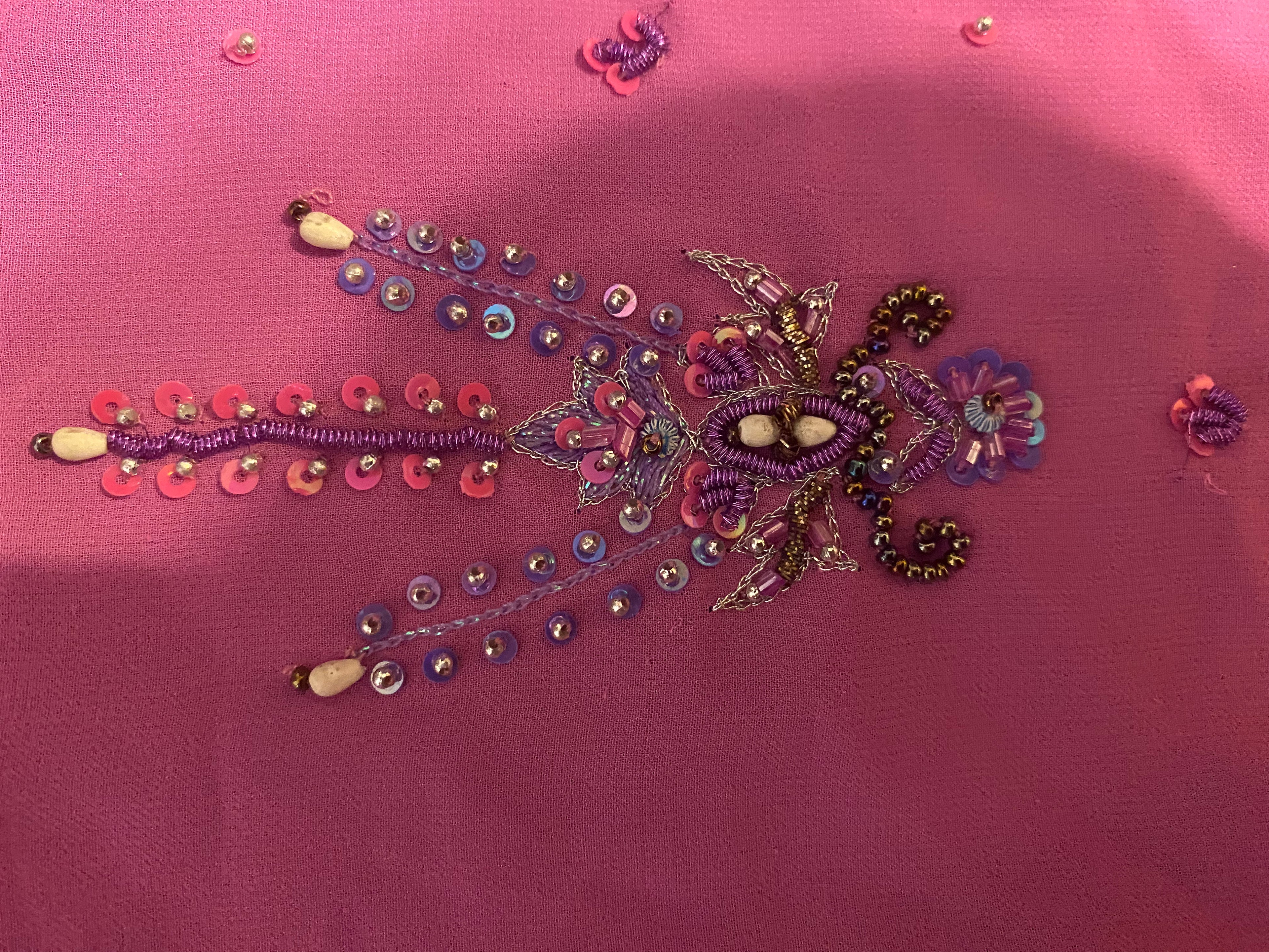 100% Silk Beaded & Embroidered Blouse — Pink & Purple | Size L