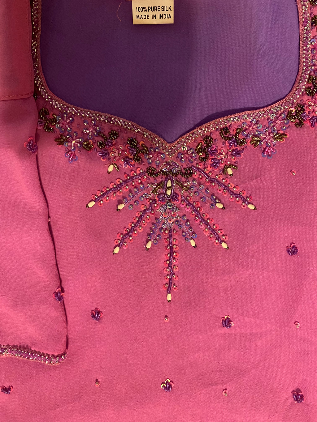 100% Silk Beaded & Embroidered Blouse — Pink & Purple | Size L