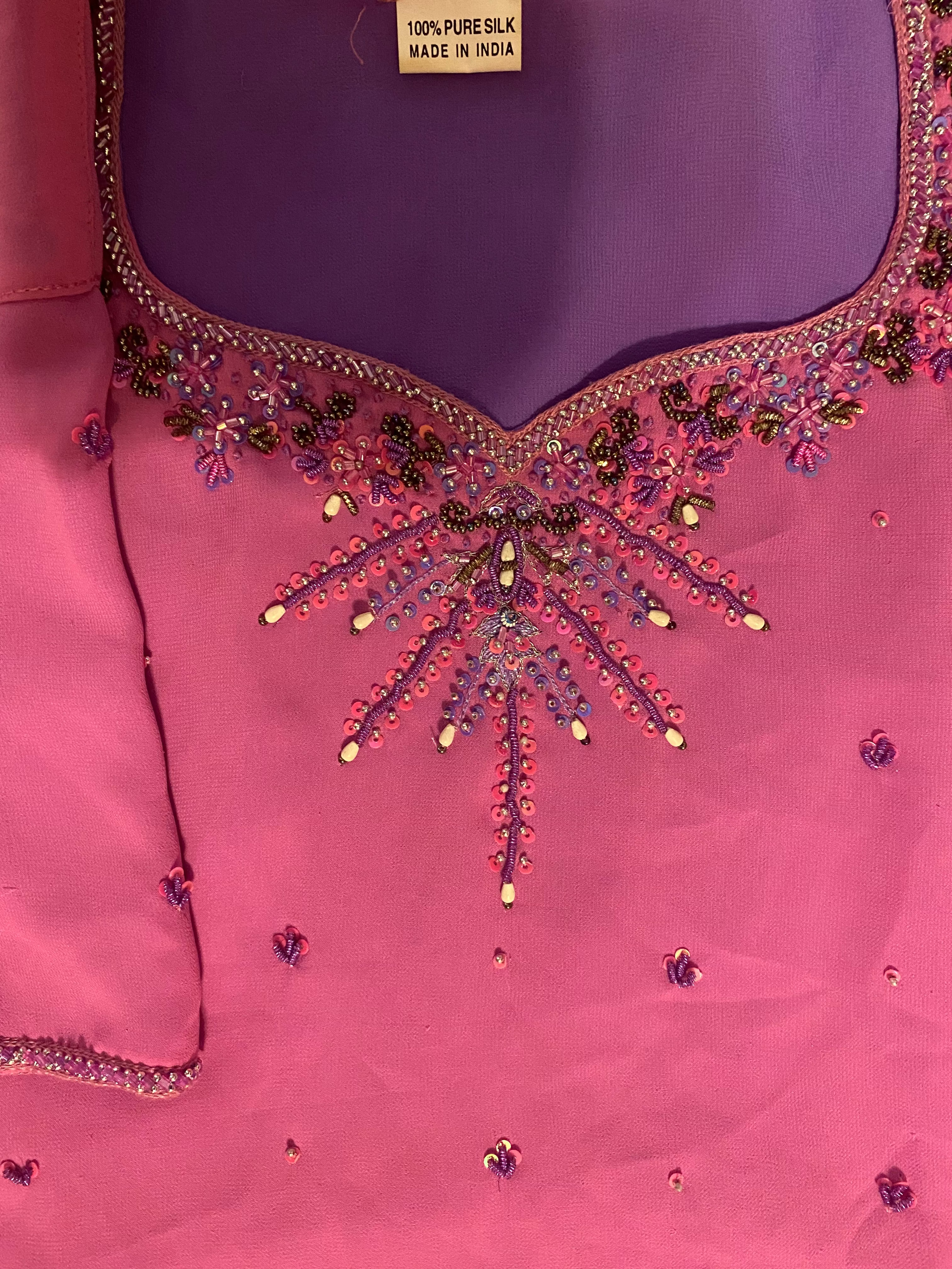 100% Silk Beaded & Embroidered Blouse — Pink & Purple | Size L