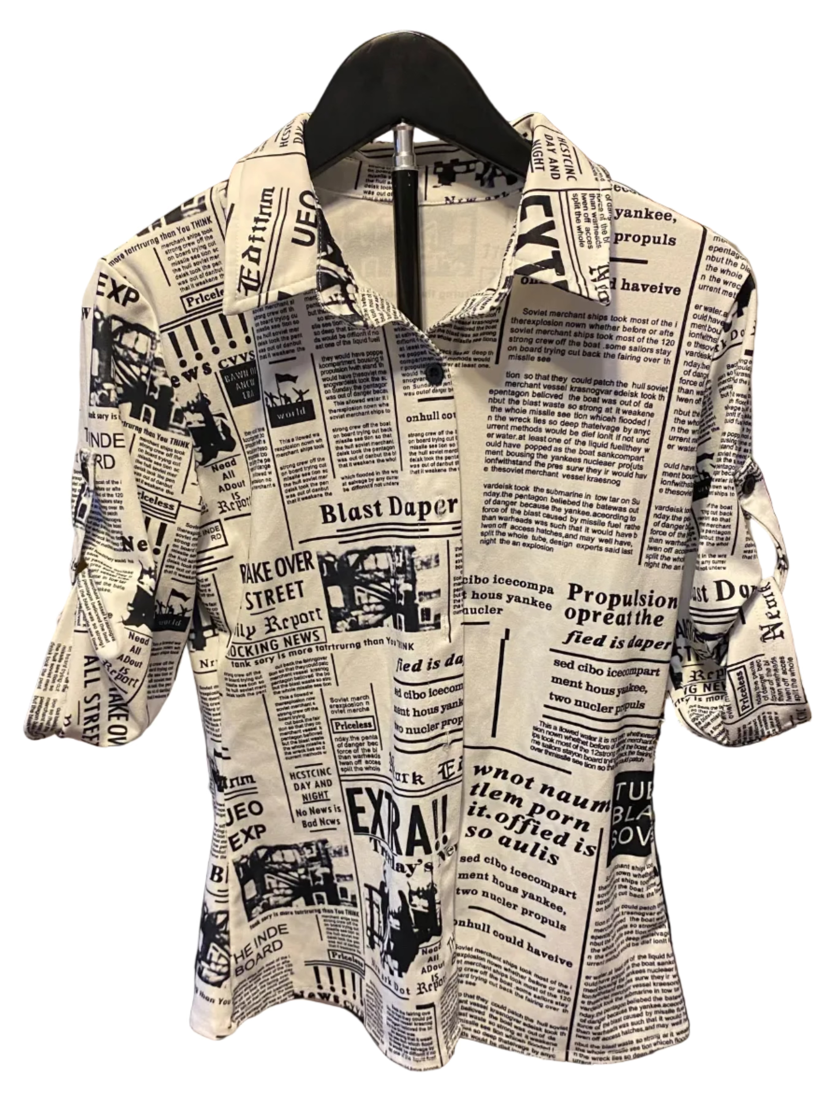 Newspaper Print 2-Piece Set — High-Waist Leggings & Matching Blouse, Size Small