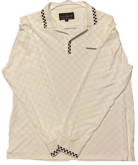 A white long-sleeve polo shirt with black and white checkered trim on the collar, placket, and cuffs, laid flat on a textured gray and yellow floor.