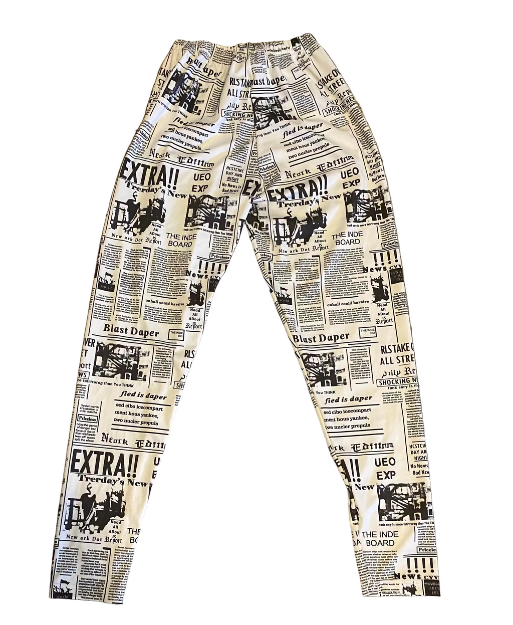 Newspaper Print High-Waist Leggings — Black & White Newsprint, Size Small