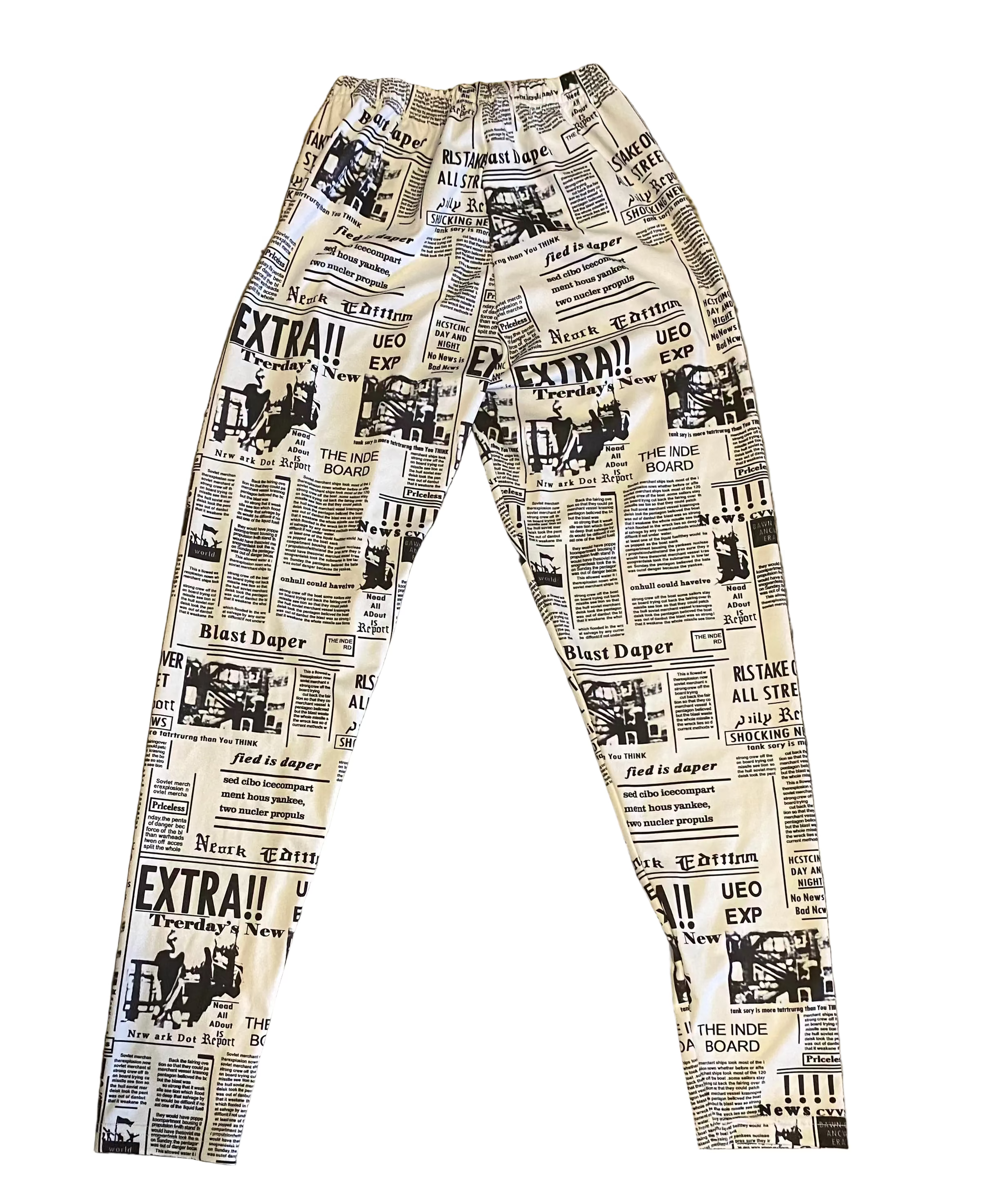 Newspaper Print High-Waist Leggings — Black & White Newsprint, Size Small