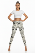 Newspaper Print High-Waist Leggings — Black & White Newsprint, Size Small