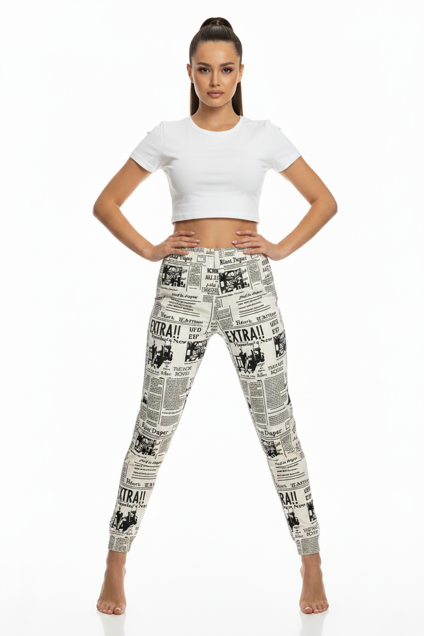Newspaper Print High-Waist Leggings — Black & White Newsprint, Size Small