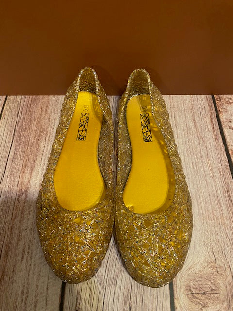 Gold Glitter Jelly Ballet Flats – Women's Sparkle Diamond Cutout Shoes with Yellow Insole