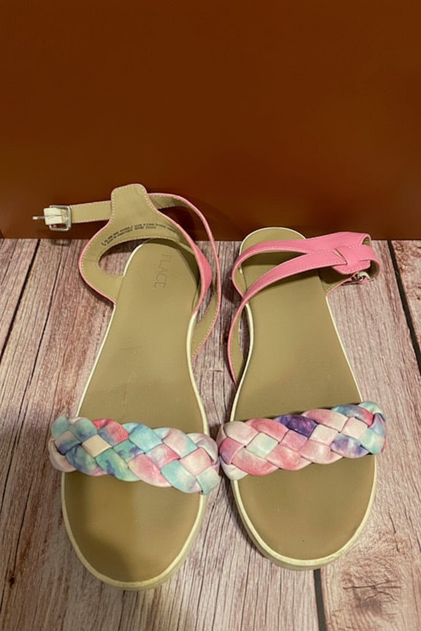 Tie-Dye Braided Flat Sandals – Pink, Mint & Lavender with Ankle Strap