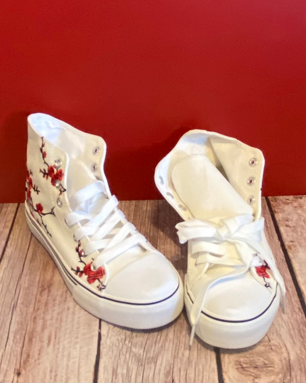 White Cherry Blossom Embroidered High-Top Sneakers