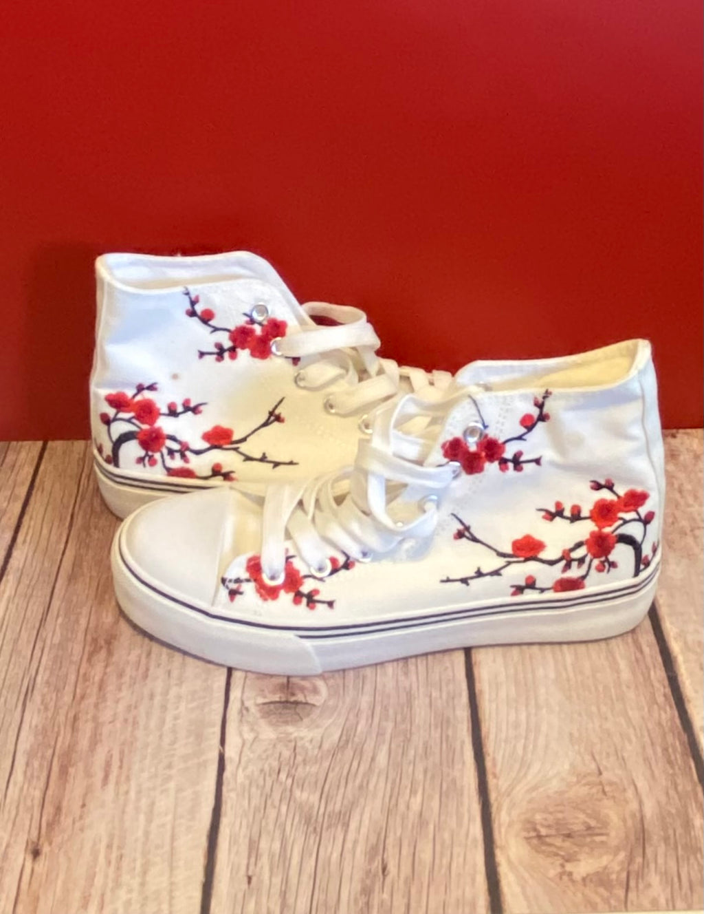 White Cherry Blossom Embroidered High-Top Sneakers