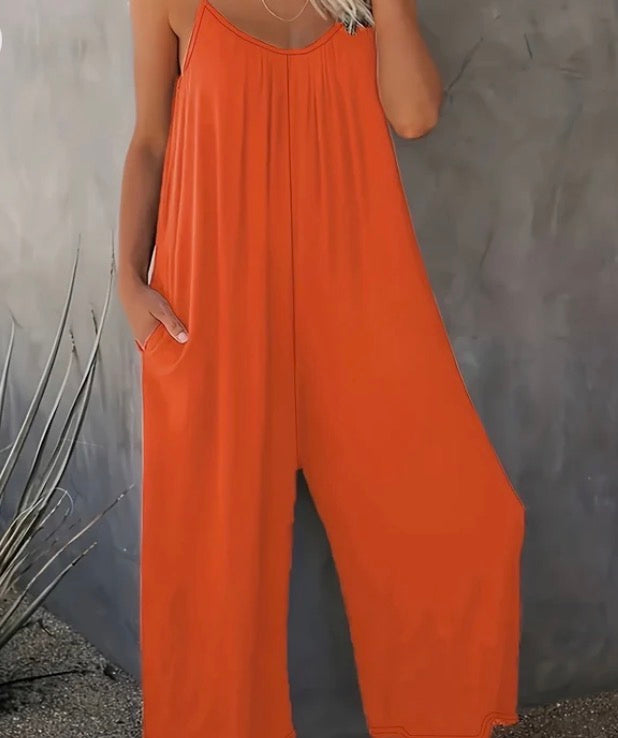 Rust Orange Spaghetti Strap Wide-Leg Jumpsuit