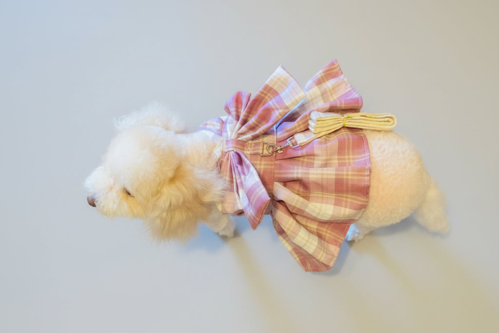 Plaid Bow Harness Dog Dress with Leash — Small/Medium Dog, Size XL (12-18 lbs)