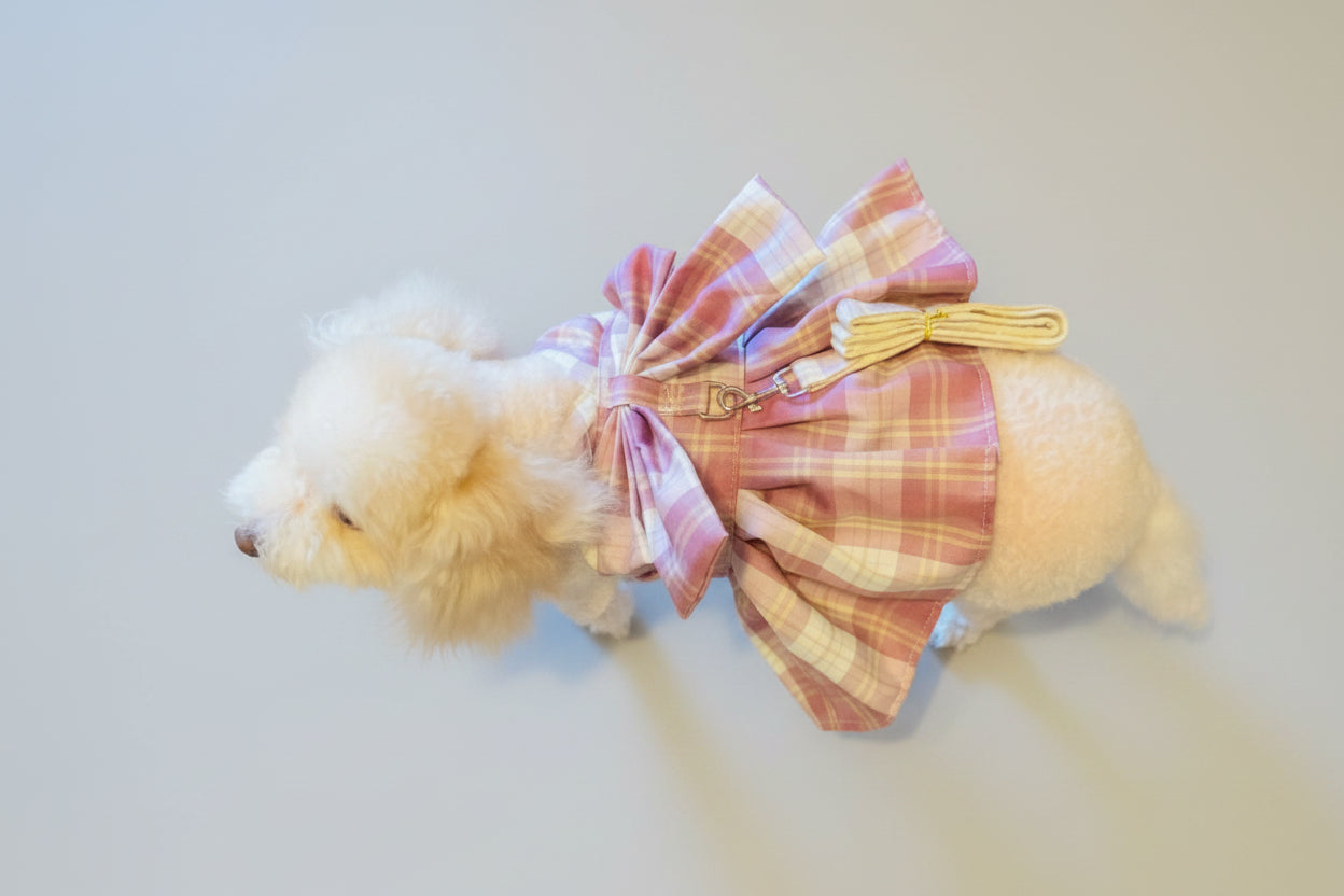 Plaid Bow Harness Dog Dress with Leash — Small/Medium Dog, Size XL (12-18 lbs)