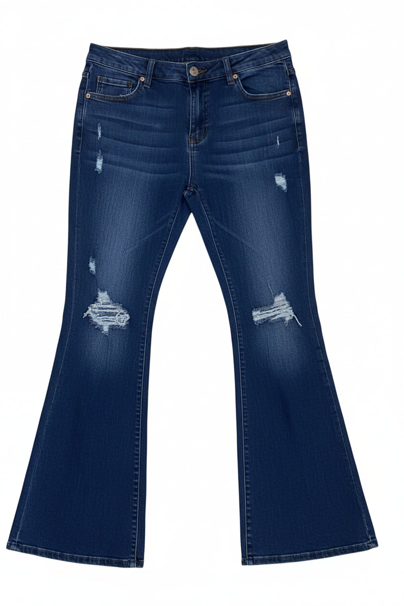 Distressed Dark Wash Bell Bottom Flare Jeans Size-2XL