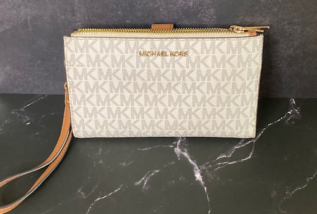 Michael Kors Jet Set Double Zip Wristlet Wallet – Vanilla MK Logo Print