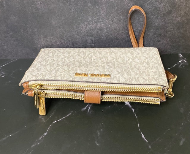 Michael Kors Jet Set Double Zip Wristlet Wallet – Vanilla MK Logo Print