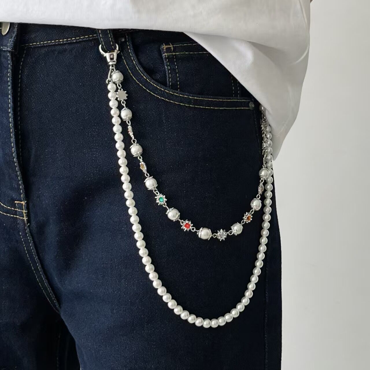 Vintage Multi-Layer Cross Pendant Pearl Flower Color Waist Chain Fashion Pants Chain