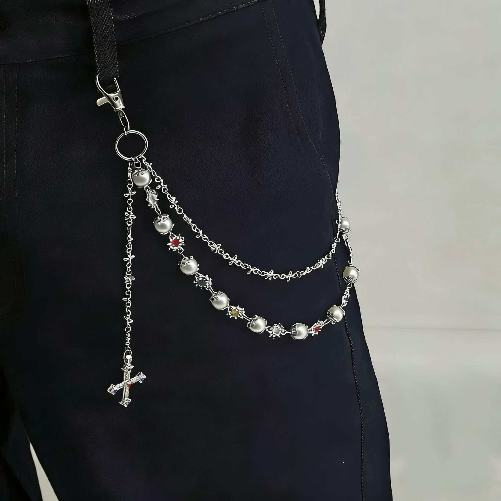 Vintage Multi-Layer Cross Pendant Pearl Flower Color Waist Chain Fashion Pants Chain